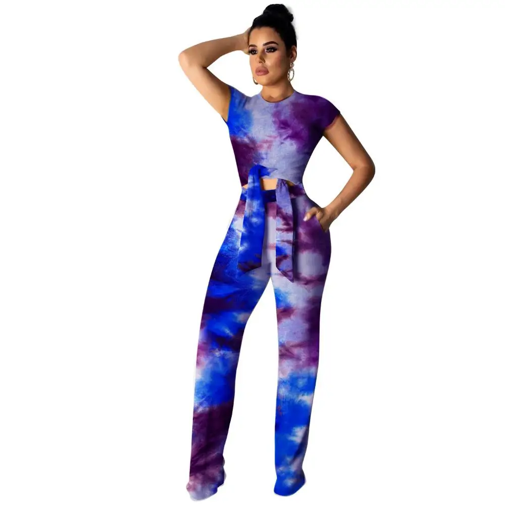 Женский укороченный топ с круглым вырезом и принтом широкие брюки комплект из