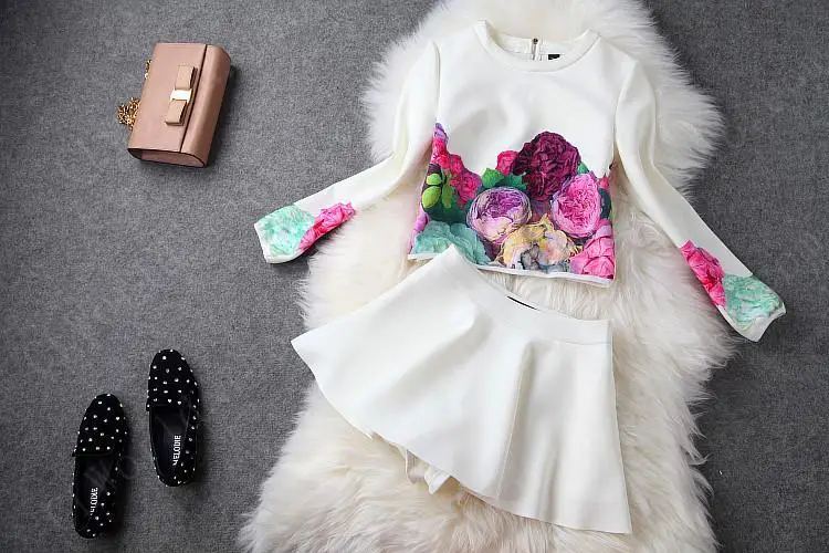 О Шеи осень зима женщины цветы замши с длинным рукавом куртки + юбка костюмы