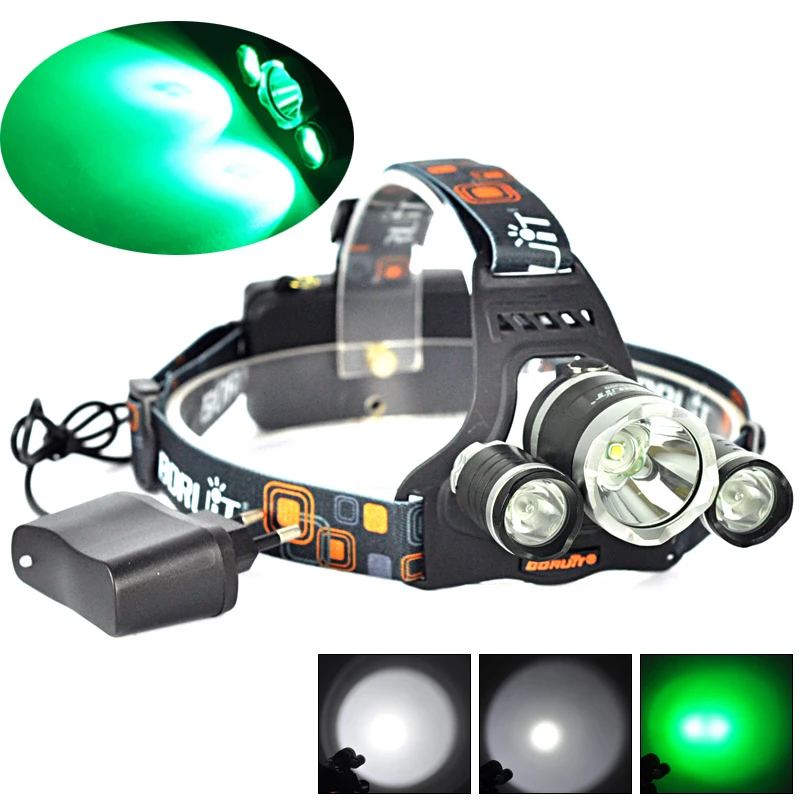 BORUIT 6000LM 3x XM-L T6 + 2R2 зеленый светодиод 2X 18650 налобный фонарь зарядное устройство |