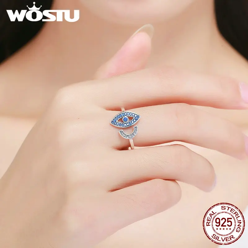 WOSTU роскошные 925 пробы серебряные завораживающие голубые глаза для лица прозрачные CZ открытые, кольца на палец для женщин ювелирные изделия из стерлингового серебра CQR173