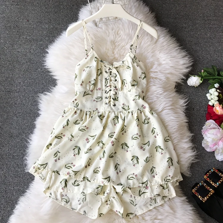 Женский шифоновый комбинезон ALPHALMODA с цветочным принтом на шнуровке в стиле ретро