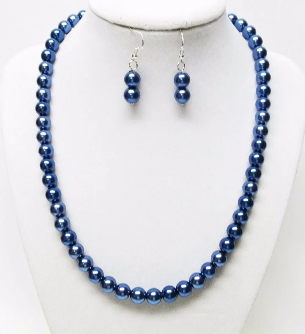 Скидка! Сделай Сам потрясающий! 8 мм голубой морской жемчуг ожерелье серьги 1