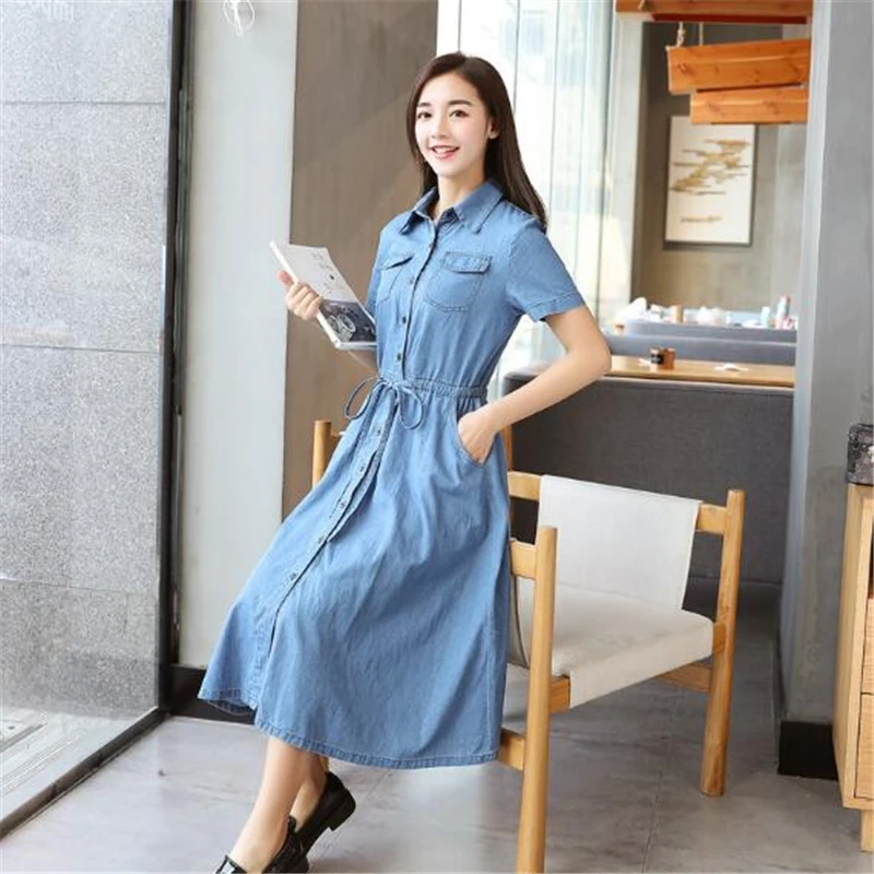 Модное женское джинсовое платье Элегантная туника с коротким рукавом офисные