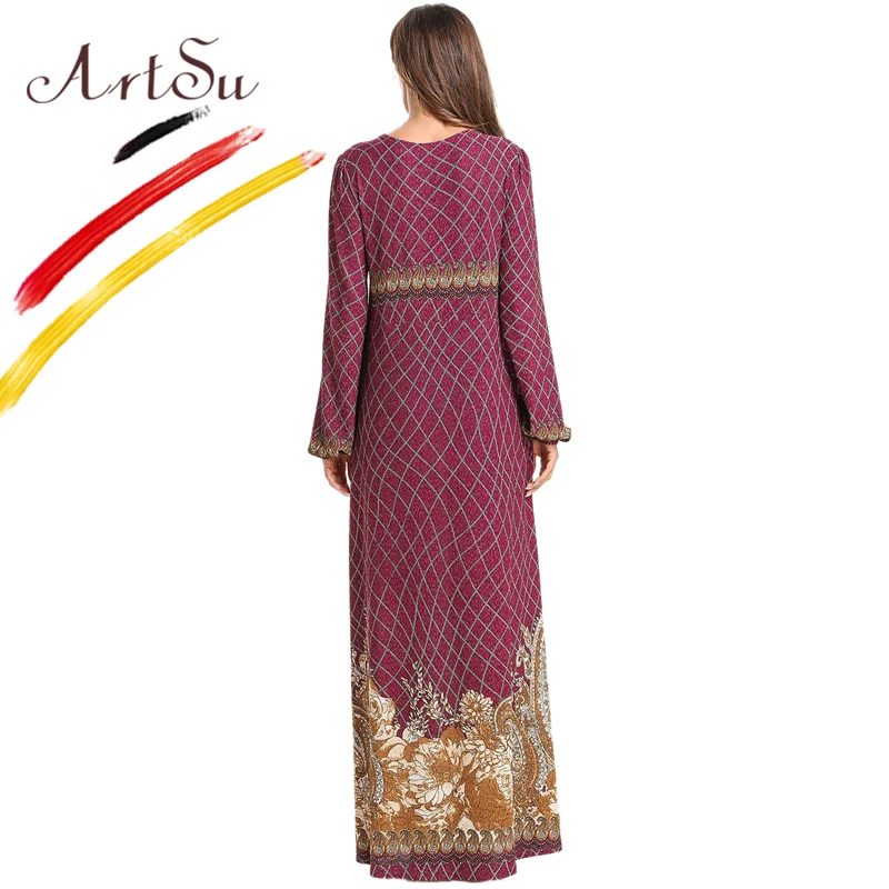

ArtSu Geometric Retro Ethnic Robe Femme Spring Women Long Sleeve Red Vestidos Casual Loose 4XL Plus Size Floral Print Maxi Dress