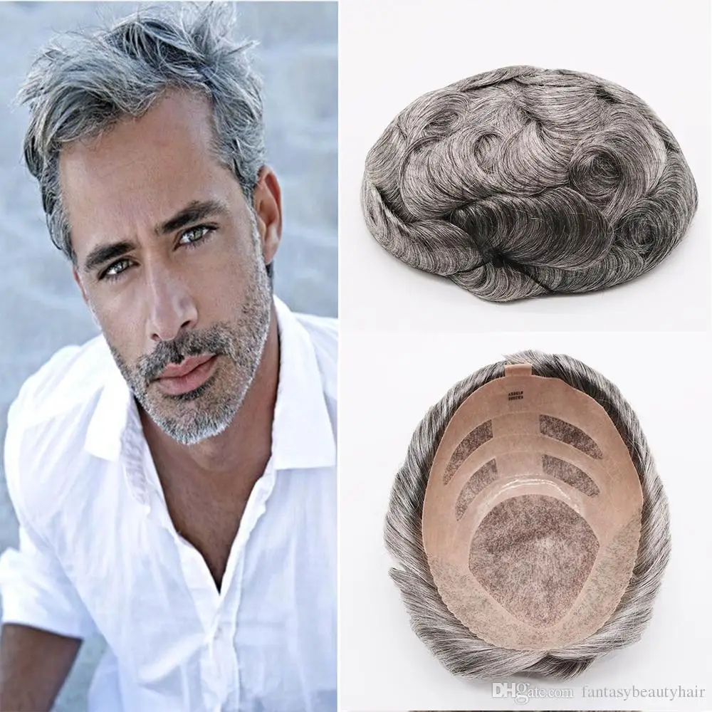 SimBeauty Best Quality Natural Brown Gray Mono Lace Toupees Hand Tied Hairpieces Human Hair Replacement Mens Toupees