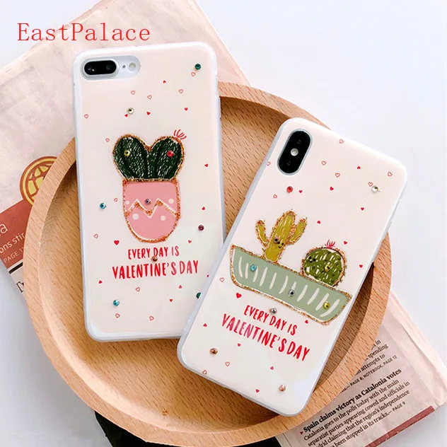 3D Kawaii растение кактус прозрачные со стразами чехол для iPhone X Xs 10 8 7 6 6s Plus iphone plus в