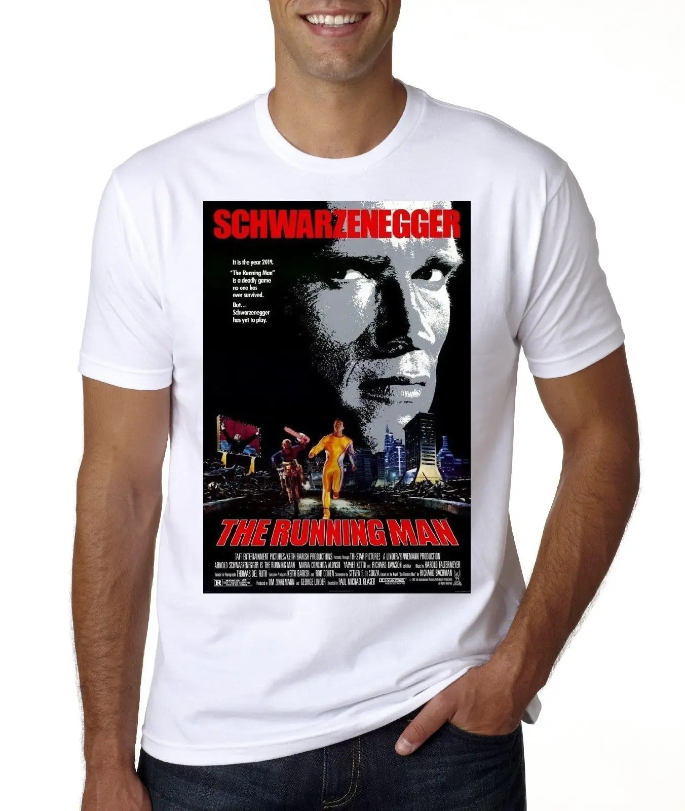 Новая футболка SCHWARZENEGGER THE RUNNING MAN MOVIE POSTER размеры от среднего до 3XL бесплатная