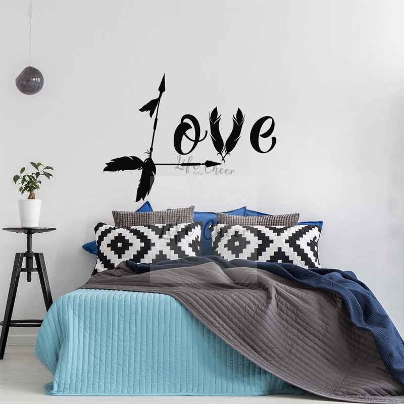 

Love Arrow Design Wall Sticker Bedroom Romantic Decor Feather Pattern With Arrow Wall Decal Love Word Vinyl Wall Mural AC088
