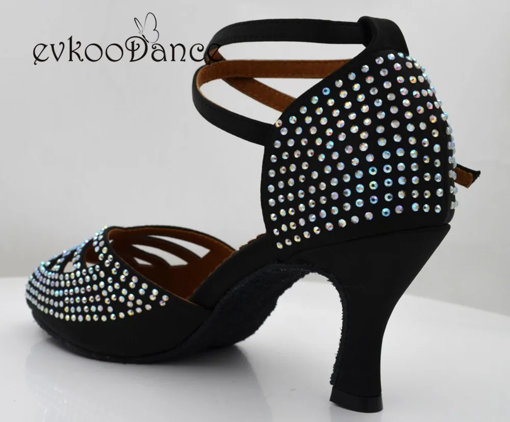 Black Satin With Diamond US 4-12 Heel Height 7 CM Professional Open Toe Latin Dance Shoes For Girls NL201 | Спорт и развлечения