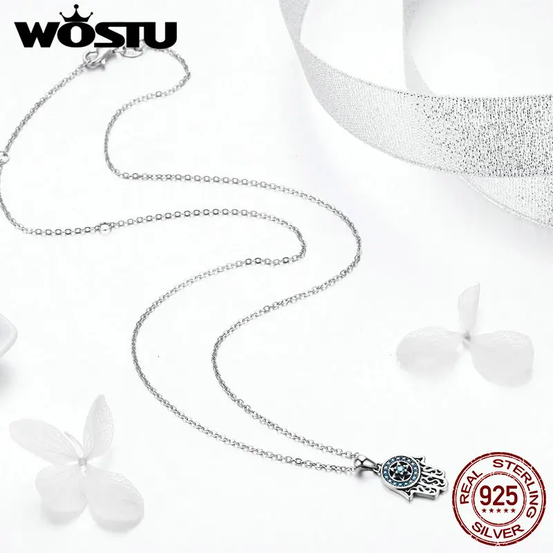 WOSTU Настоящее серебро 925 пробы Рука Фатимы Хамса кулон колье ожерелье для женщин