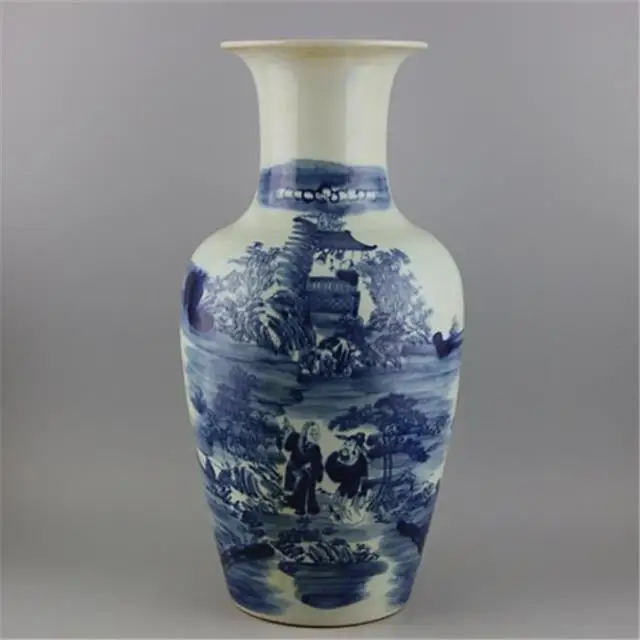 

Антикварная фарфоровая ваза QingDynasty, синяя и белая бутылка с изображением пейзажа, ручная роспись, коллекция украшений и украшение