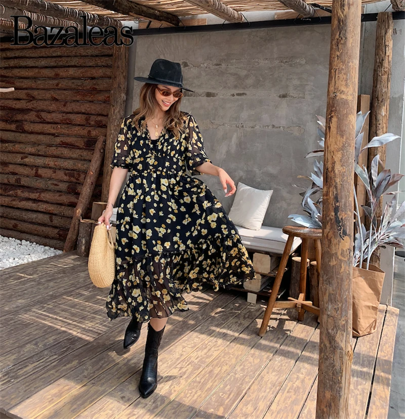 2019 v шеи оборками женские платья модные цветочные печати миди высокого качества