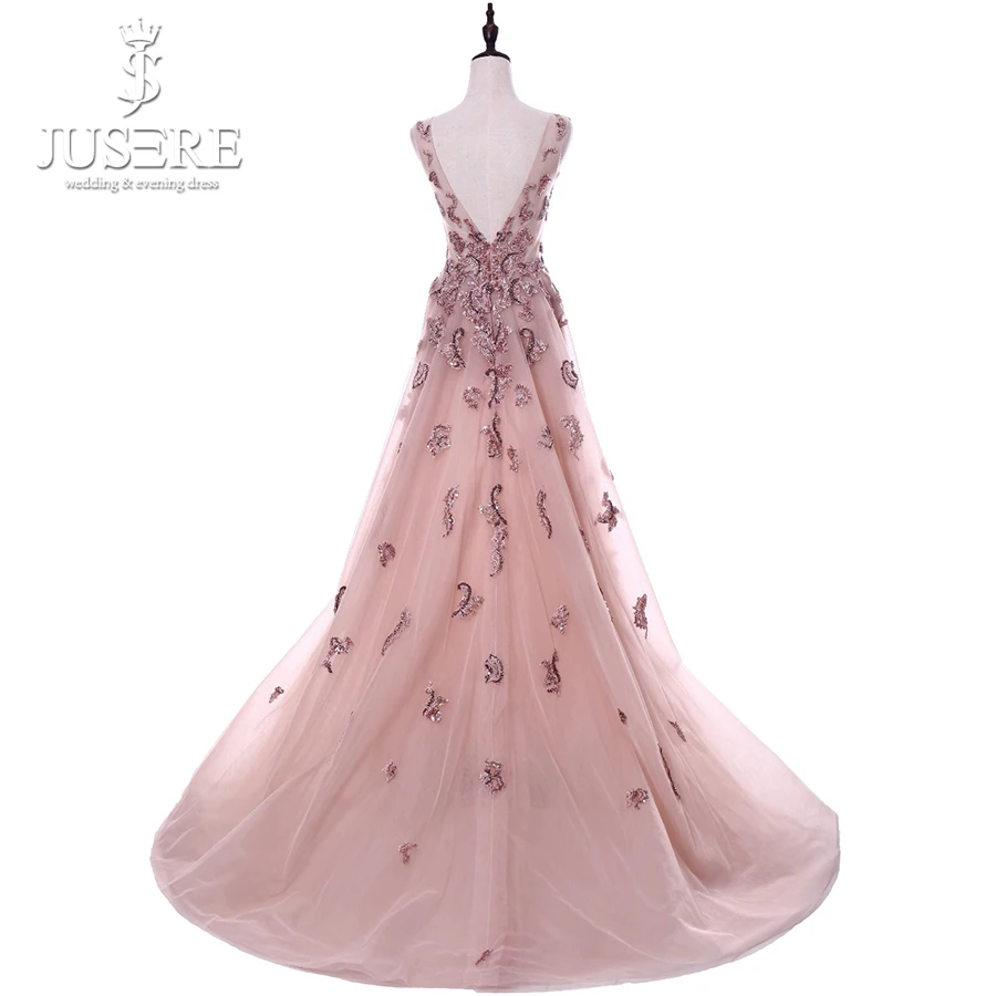 V-Neck Beads Bodice Open Back A Line Long Evening Dress Party Elegant Vestido De Festa Carnation Fast Shipping Prom Gowns