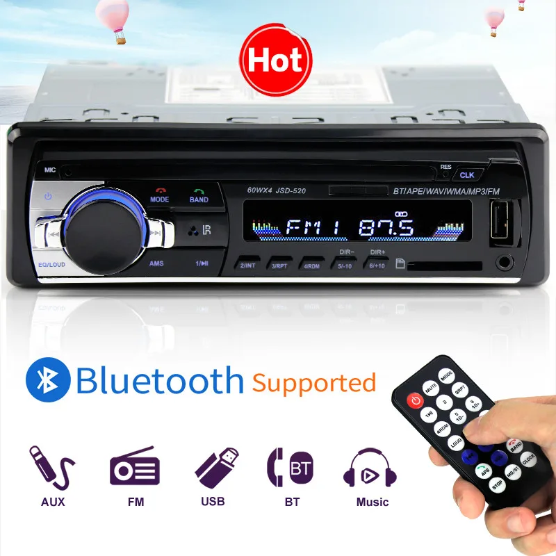 Авто радио автомобиля 12V Bluetooth V2.0 JSD520 стерео в тире 1 Din FM Aux Вход приемник SD USB MP3 MMC