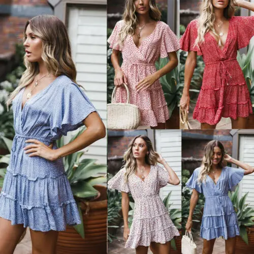 

Summer Floral Mini Dresses 2019 new Women Summer Casual Short Sleeve V-Neck High Waist Loose Floral Mini Dress