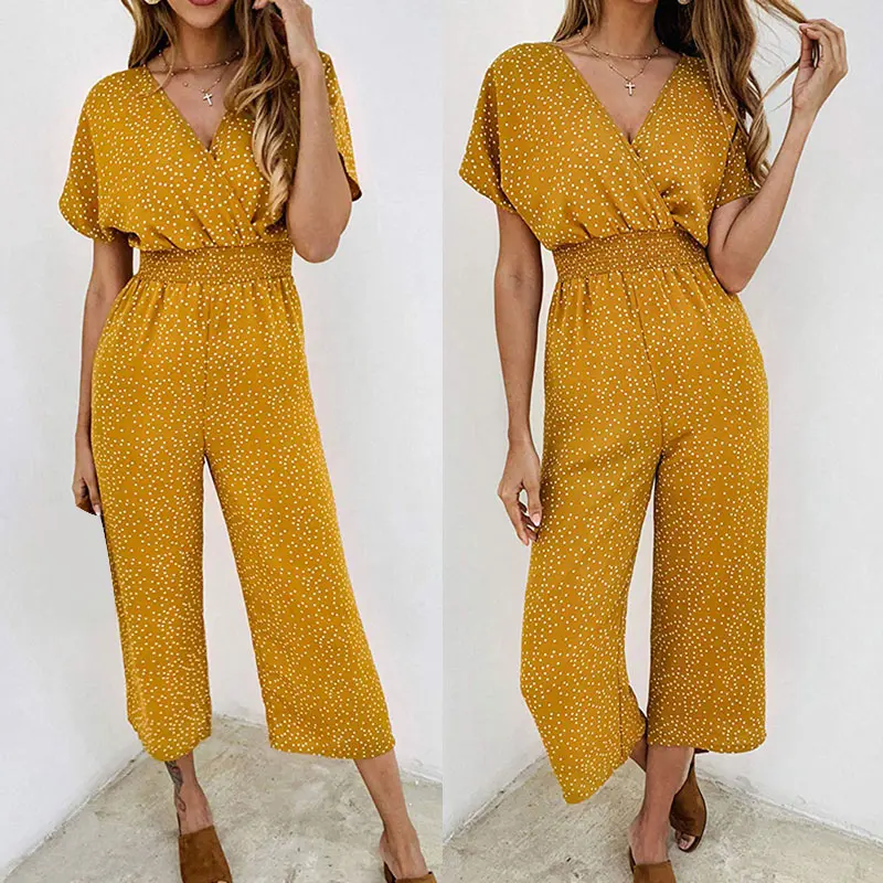 Женские широкие брюки с короткими рукавами и v-образным вырезом в горошек Летний