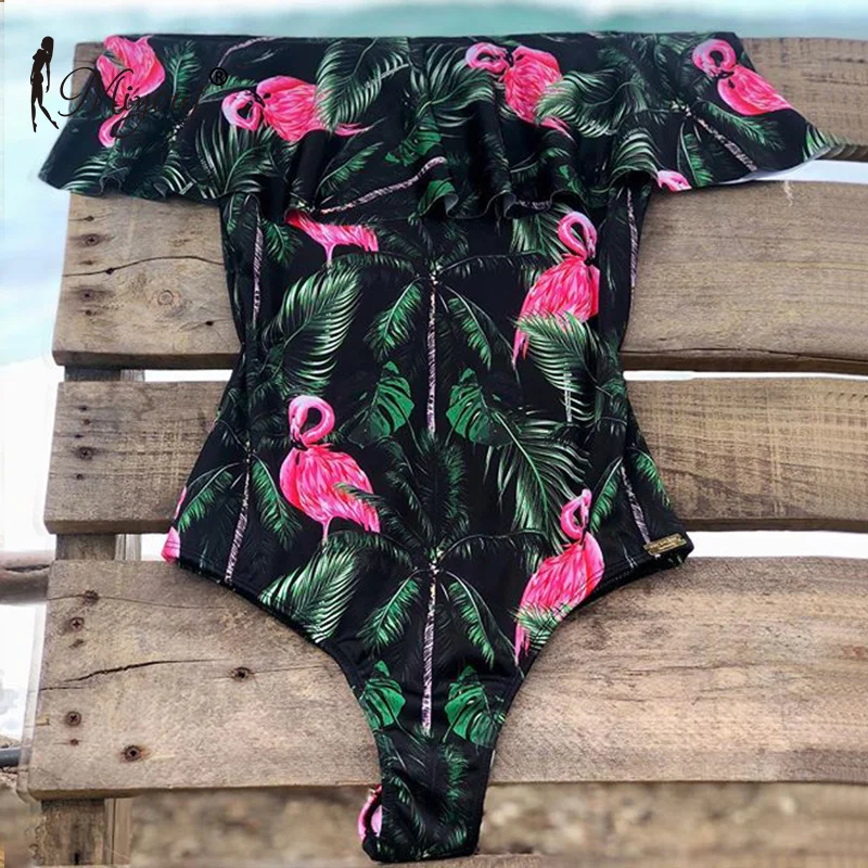 Miyouj Off Shoulder One Piece Swimsuit Female Flamingo Swimwear Retro Leaf Print Bathing Suit Women Biquini Mujer 2019 Bikini XL | Спорт и