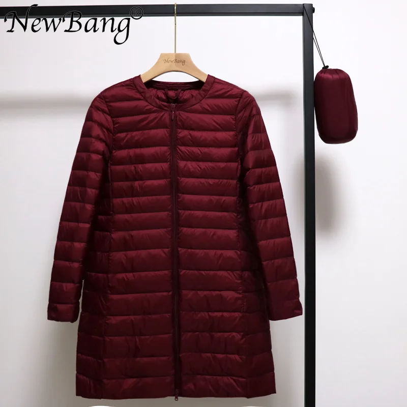 Бургундия NewBang 4XL женский ультра легкий пуховик средней длины с круглым вырезом, переносные весенние пальто, зимняя внутренняя одежда на молнии - Цвет: Бургундия