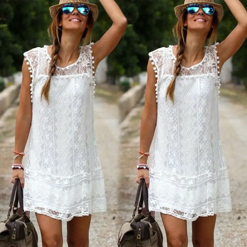 Boho Women O Neck White Lace Mini Short Dress Womens Fashion Sleeveless Tassel Dresses | Женская одежда