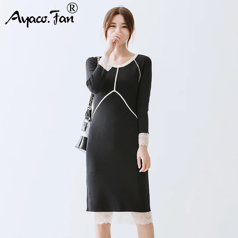 2019 Autumn New Fashion O-Neck Lace Patchwork Bodycon Knitting Women Dress Casual Sim Female Lady Knitted Dresses Vintage | Женская