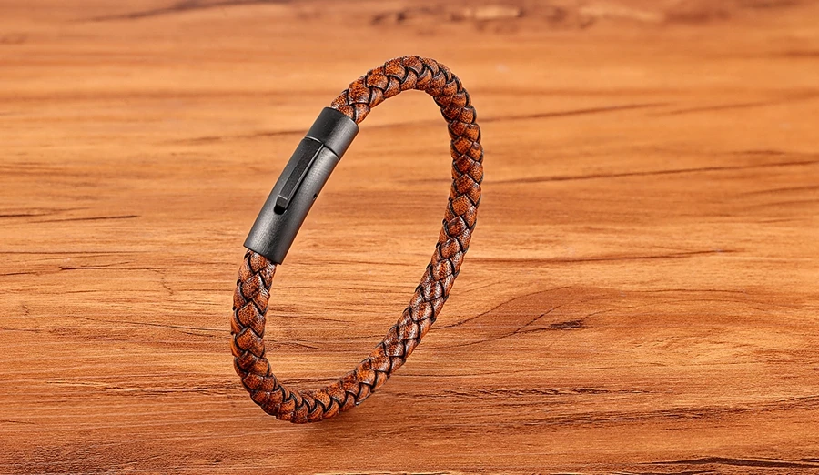 XQNI Simple Style Black Stainless Steel Button Retro Leather Men's Bracelet Multi-color And Size Selection For Handsome Boy Gift