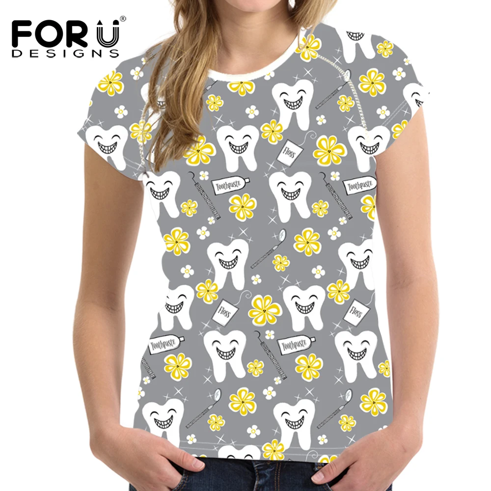 FORUDESIGNS/футболка высокого качества для женщин милый мультфильм стоматолога печати рубашка Женская Новинка Эластичный Топ футболки одежда Haut Femme