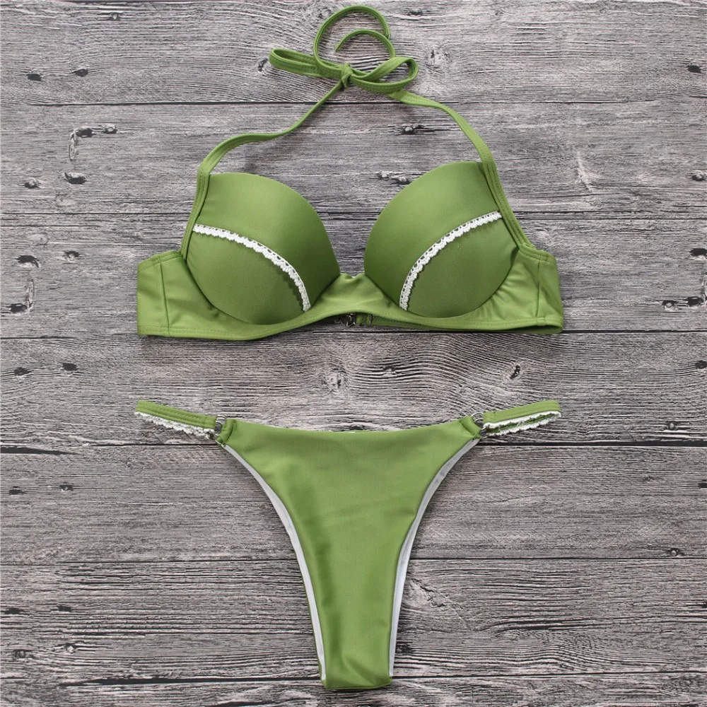 Sexy Bikini Lace Patchwork Swimwear Women Biquini Swimsuit 2018 Push Up Padded Set Beach |
