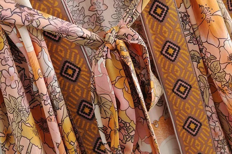 2019 Bohemian Horse Flower Print Long Kimono Shirt Ethnic New Women Lacing up Bow Sashes Cardigan Loose Blouse Holiday Tops | Женская