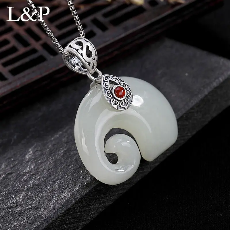 

L&P 2019 New Fashion Real Gemstone Pendant Necklace For Lady Elegance Elephant Jade 925 Sterling-silver Luxury Fine Jewelry