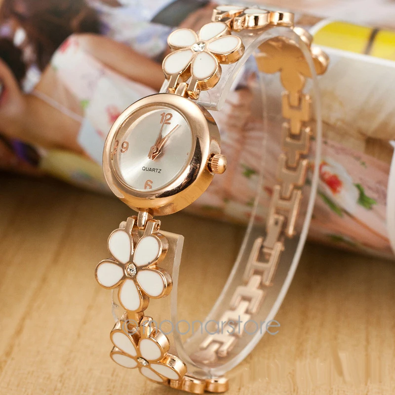 Модные женские часы-браслет с ромашками и цветами из розового золота кварцевые
