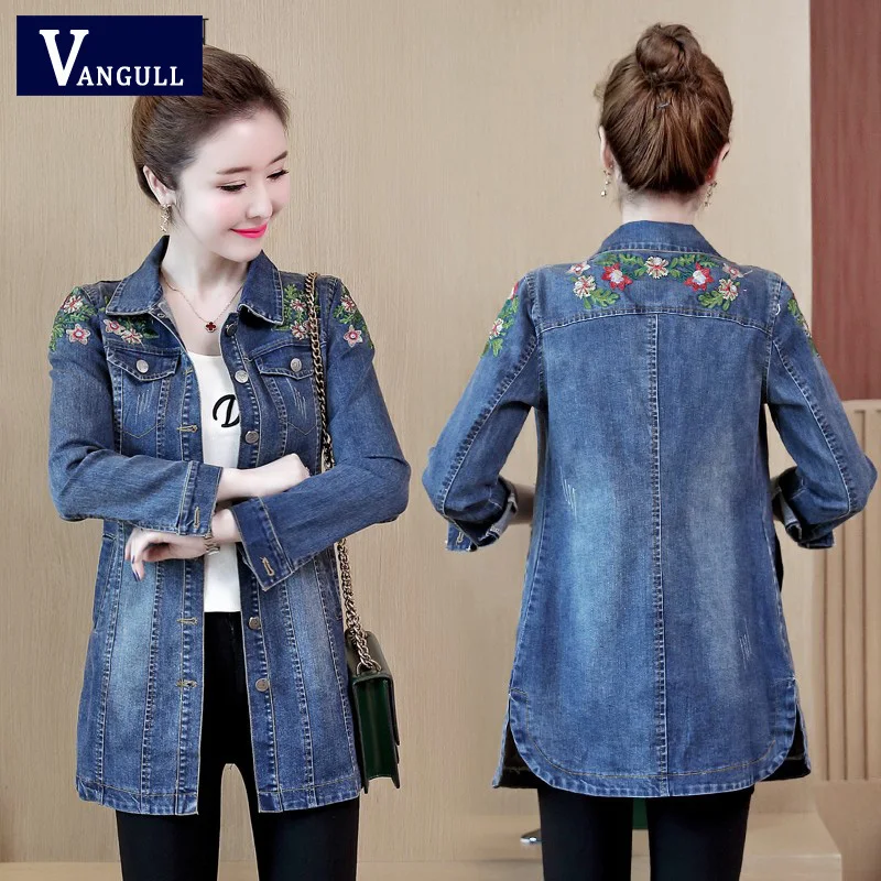 Vangull 5XL джинсовая куртка с цветочной вышивкой весенне осенняя Новинка женское