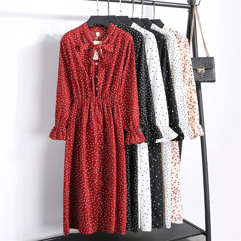 2019 New Spring Women Print Dresses Long Sleeve Chiffon Dress Casual High Waist Ruffles Flare | Женская одежда