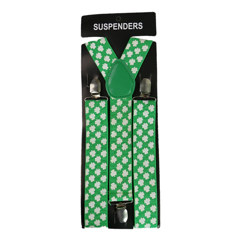 3.5cm Wide Fashion Green White Four Leaf Clover Print Men Women Clip-on Suspenders Elastic Y-Shape Adjustable male Ladies Braces |