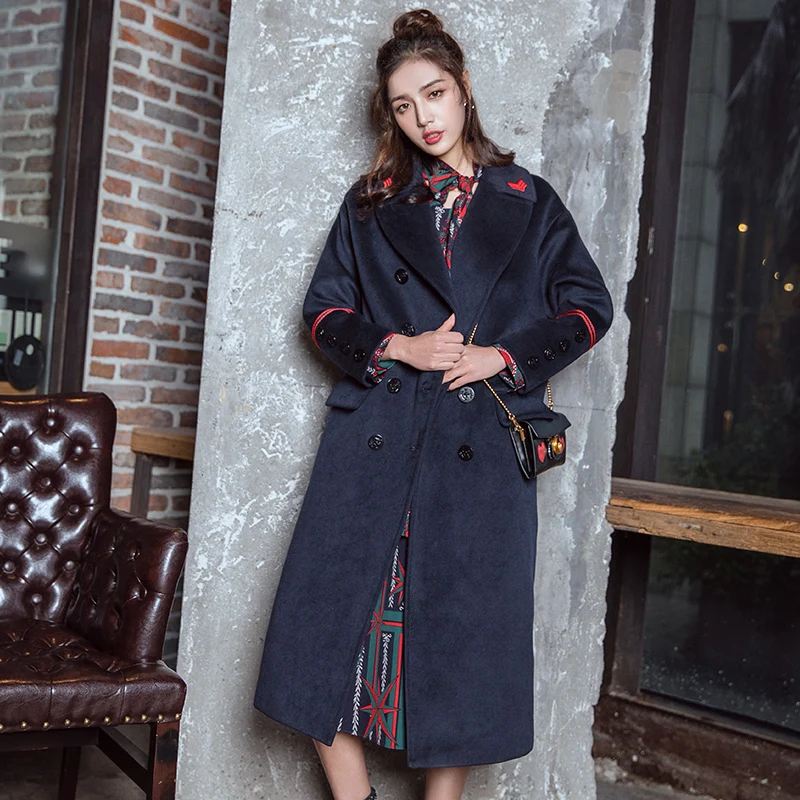 Мода свободные Для женщин Шерстяное пальто Длинная парка погон Осенне-зимнее