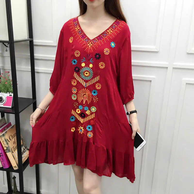 Большие размеры богемные платья с вышивкой 2017 шикарное хлопковое белье v