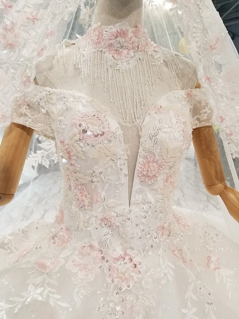 LS961211 недорогое свадебное платье с цветами и баской открытыми плечами милая вуаль