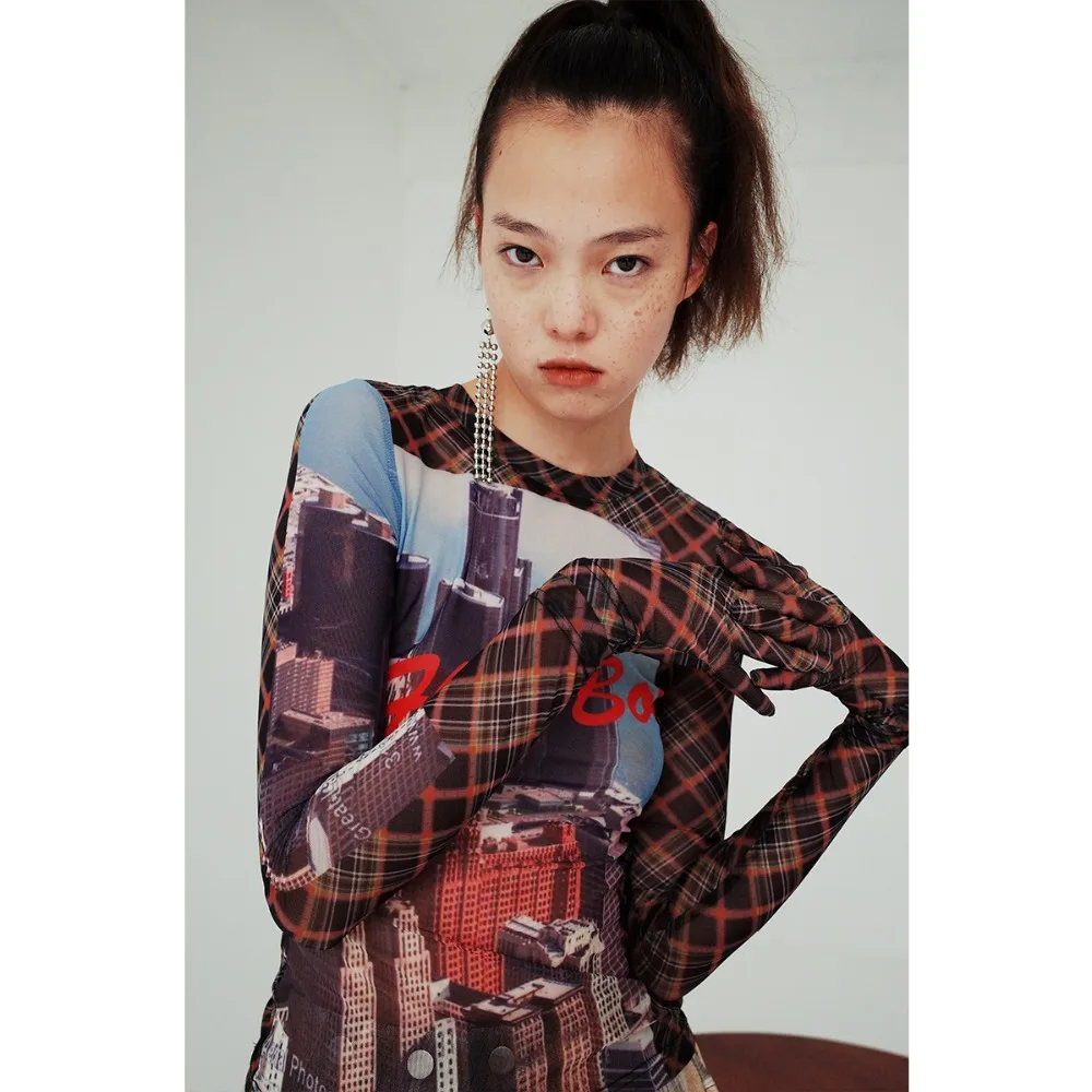 Женская блузка с длинным рукавом и принтом в сетку|Блузки| |