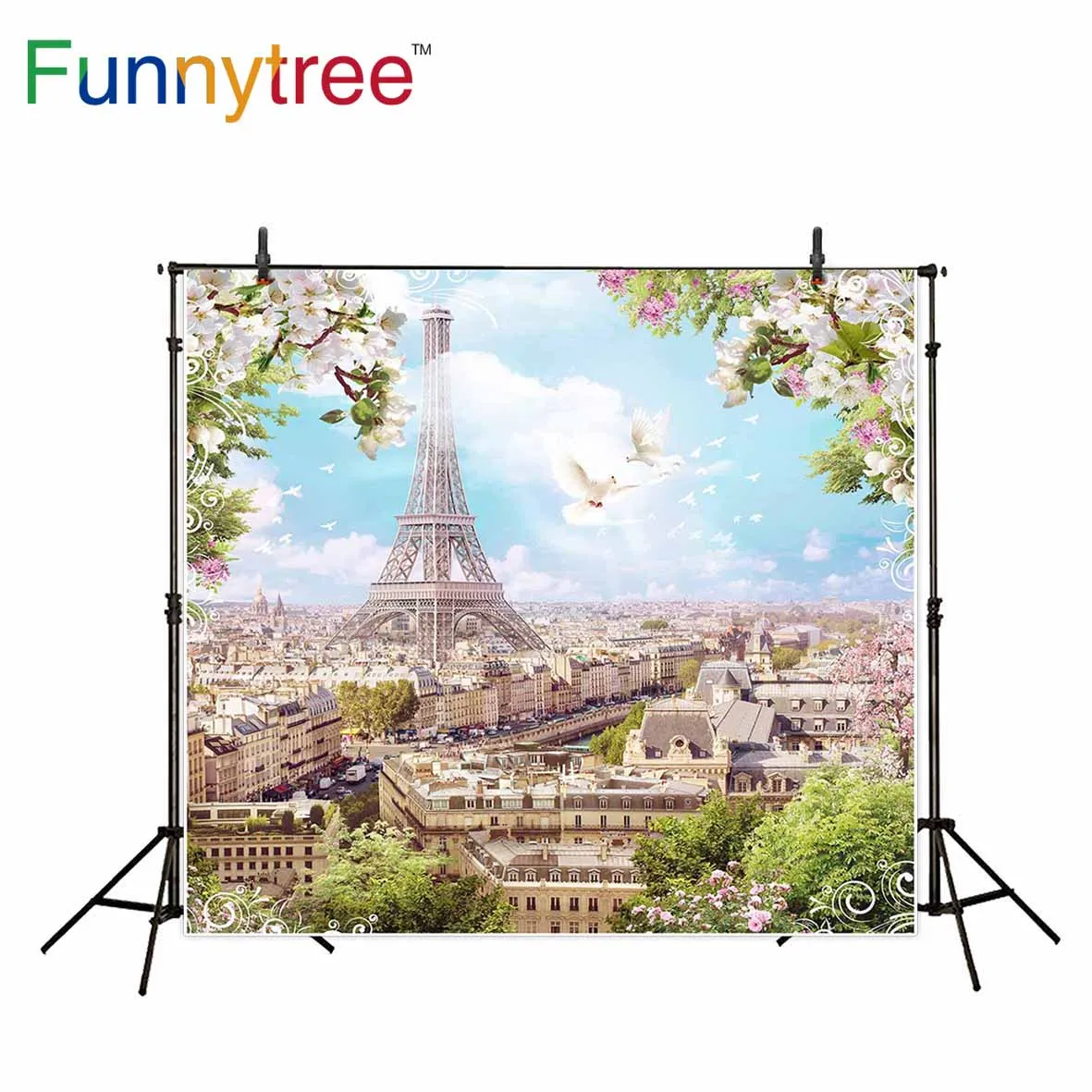 Фон Funnytree для фотостудии Эйфелева башня Париж цветок весенний голубь природа