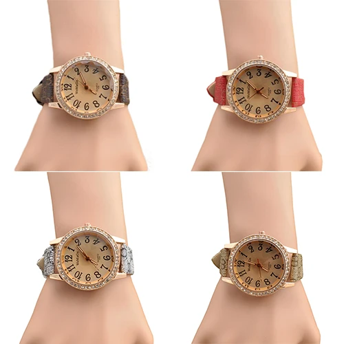 Wholesale Women's Elegant Leather Band Rhinestone Golden Dial Quartz Good Quality Wristwatch | Наручные часы