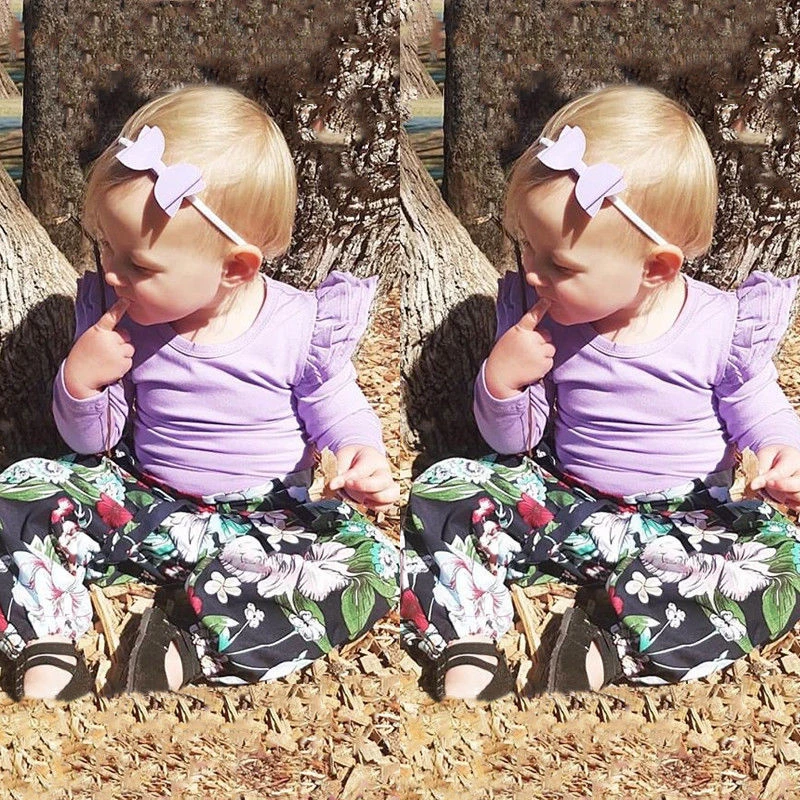 Autumn/Winter Baby Girls Elegant Clothes Set Ruffle Purple Tops Romper Jumpsuit+Flower Bow Pants Toddler Girl Outfit |