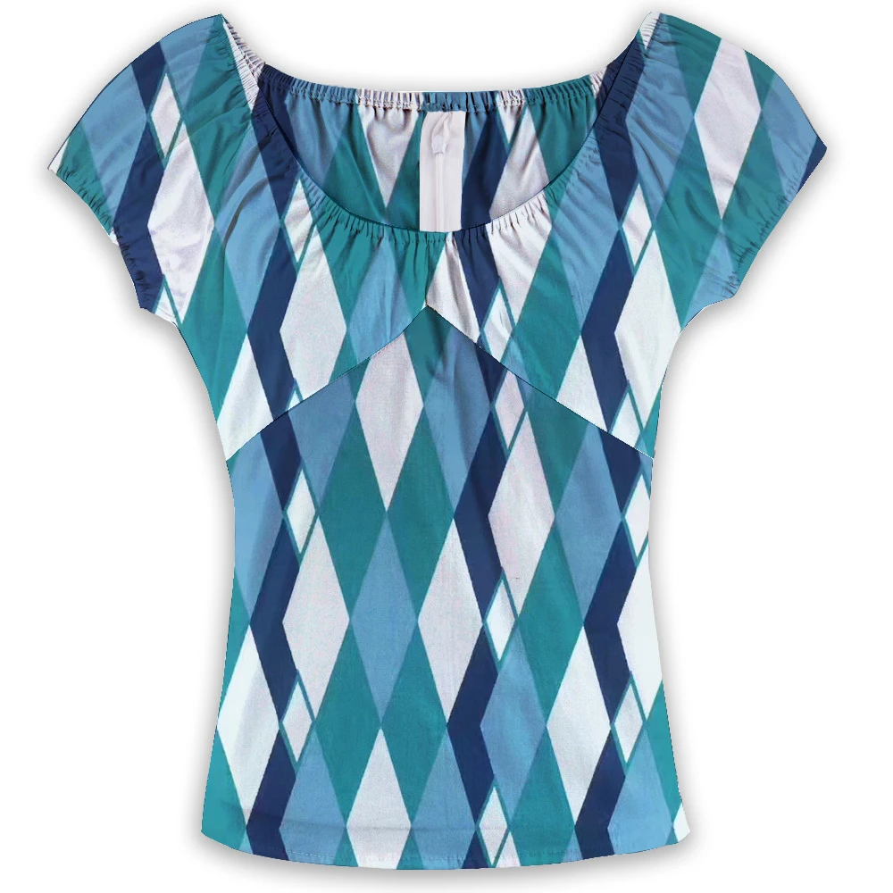 Женская винтажная блузка с коротким рукавом круглым вырезом и молнией сзади|women