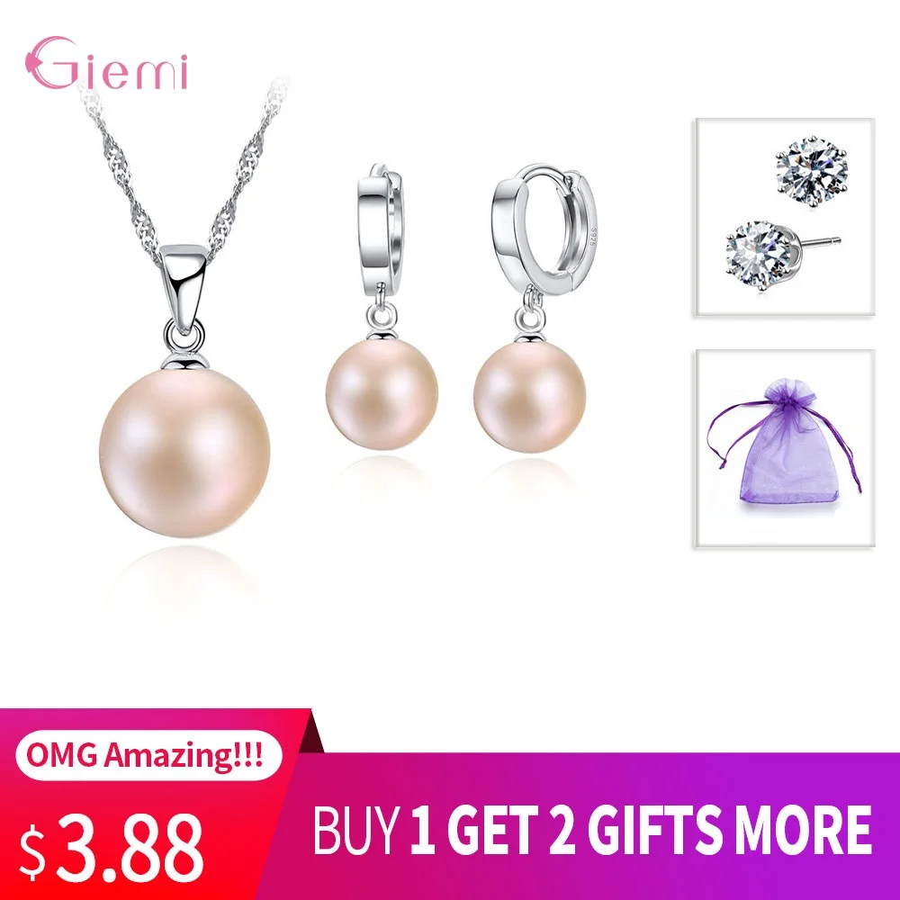 Pink GIEMI удивительные жемчужные Ювелирные наборы 925 стерлингового серебра серьги модные элегантные вечерние жемчужные комплект из сережек и ожерелья для женщин Подарки - Окраска металла: Pink