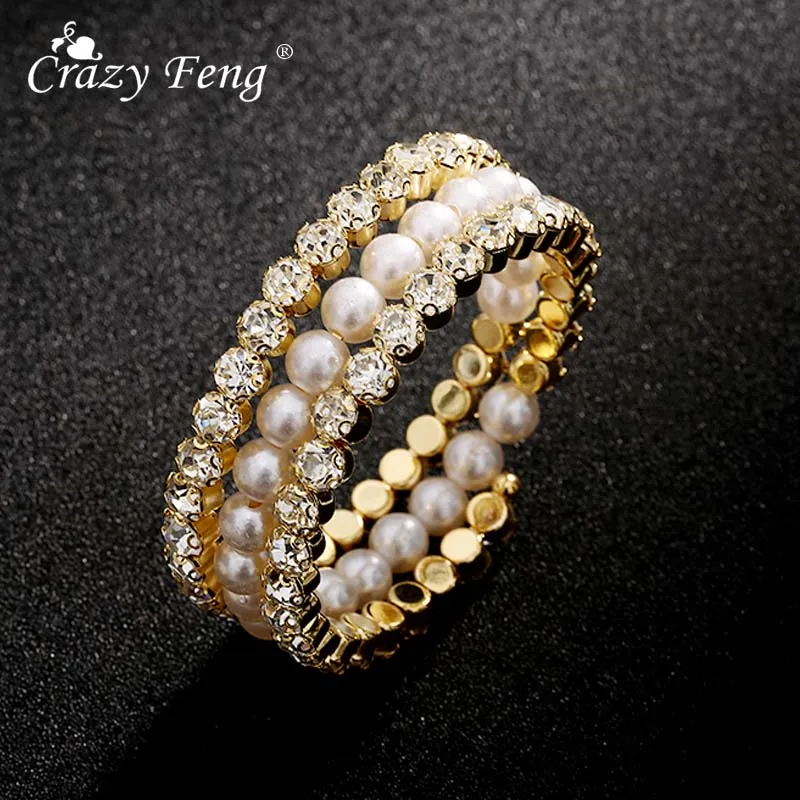 Женские широкие браслеты со стразами на запястье Crazy Feng тянущиеся с