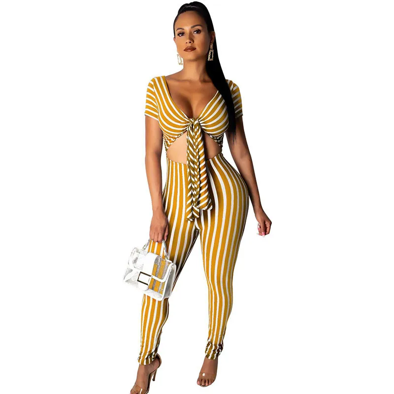 Сексуальный брючный костюм комбинезон в полоску для женщин v образный вырез