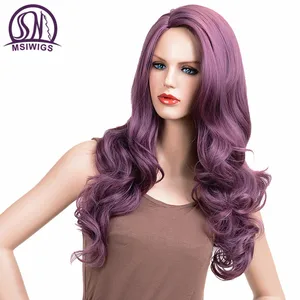 Парик MSIWIGS с волнистыми волосами фиолетового цвета, длинный синтетический парик для женщин с боковым разделением, парик для косплея из высокотемпературного волокна