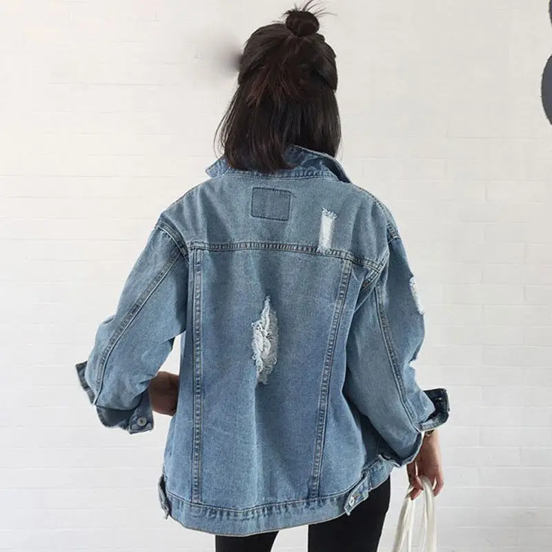

Harajuku Oversize Vintage Women Ladies Fashion Casual Long Sleeve Turn-Down Collar Single Breasted Pocket Hole Denim Jackets