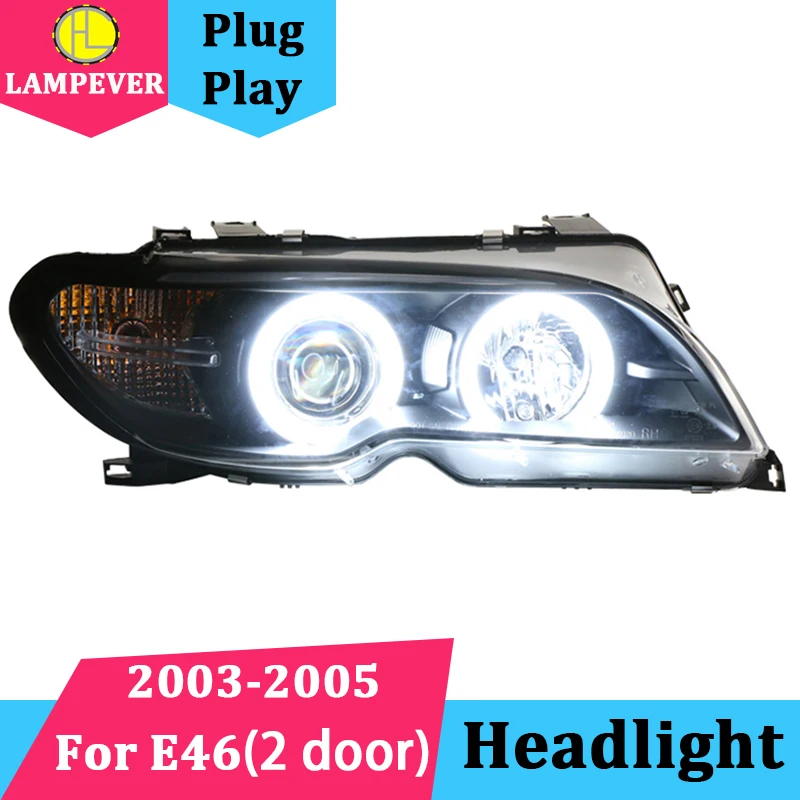 Фары для BMW E46 в стиле 2-дверного кузова 2003-2005 года, фары 316/318/320/325/328i с двойными угловыми глазами, линзы HID High Low Beam H7 включены.