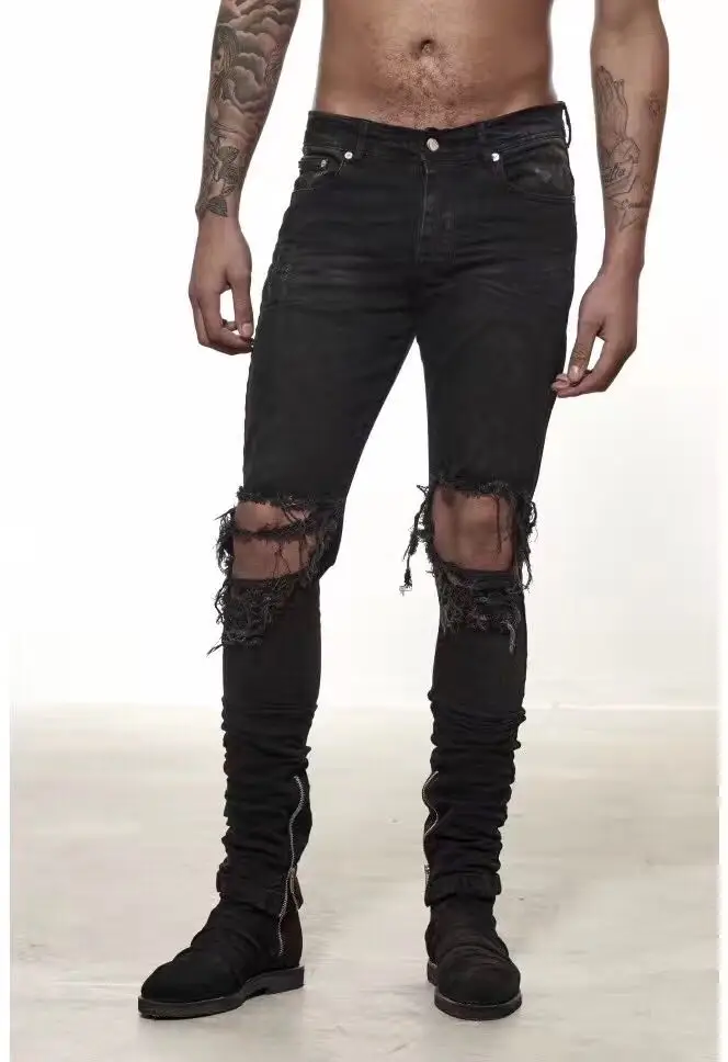 big hole high quality kanye west brand style zipper split mens hiphop biker ripped destroyed jeans slim fit skinny pants denim | Мужская