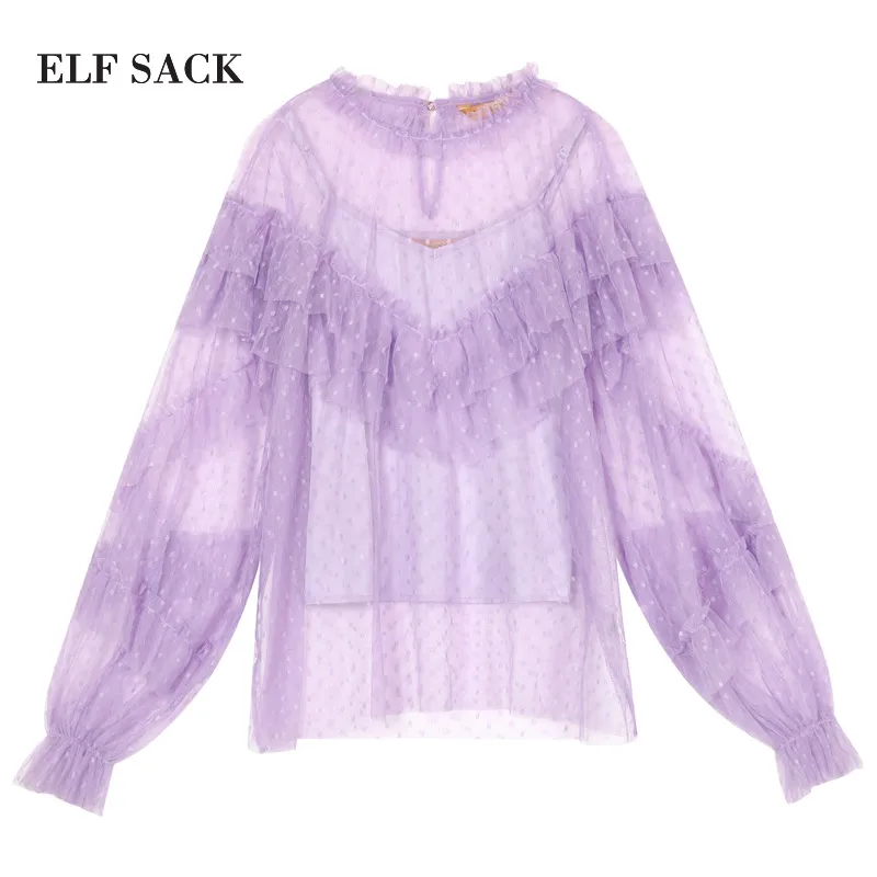 ELF SACK New Summer Woman Blouse Stylish Sweet Girl's Shirts Polka Dot Mesh Women Blouses O Neck lantern Sleeve Ladies Clothing| |