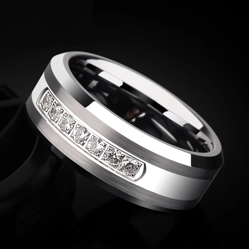 New Arrival Men's Fashion Jewelry 6/8mm Tungsten Wedding Rings with Shiny Seven CZ Stones by CNC Inlay Size 7-13 Free Shipping |